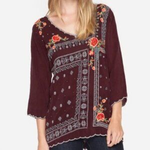 Johnny Was Bennet Burgundy Merlot Floral Embroidered Tunic Cupra Rayon L $215